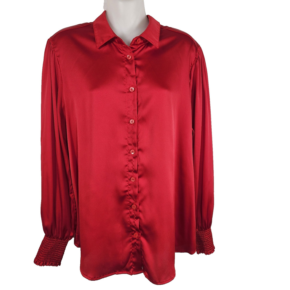 Chico's Women Satin Blouse Red Solid Smocked Cuff Wild Poppy Button Sz 1.5 US 10